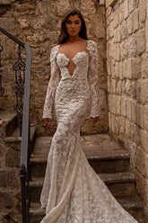 Mermaid V-neck Lace Backless Long Wedding Dresses with Sleeves